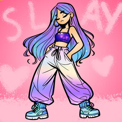 girl in baggy pants crop top and long hair