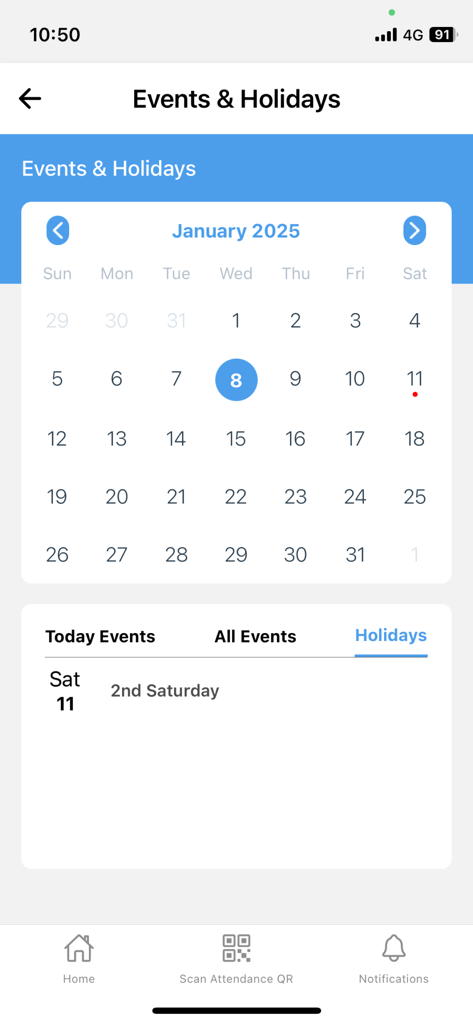 iCloudEMSV2 - Screenshot of the iCloudEMSV2 app showing a calendar view for January 2025 with an events and holidays list.
