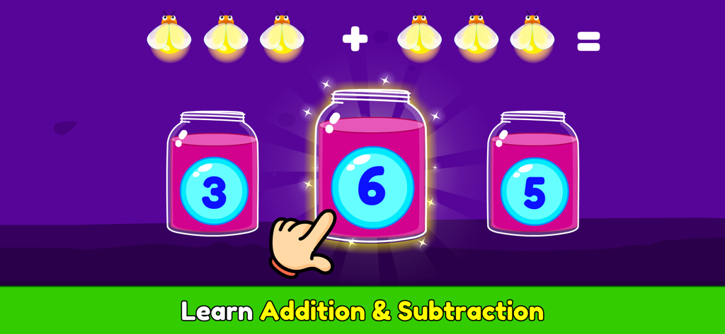 Interactive addition game screen with fireflies and numbered jars for kids learning math.