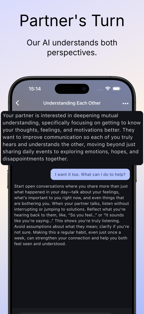 BetterCouple: AI For Couples - AI relationship counselor chat showing insights into a partner perspective and communication advice