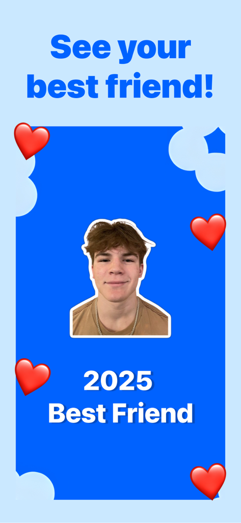 A screenshot of the 2025 Wrapped app showing the Best Friend feature with a photo and heart icons on a blue background
