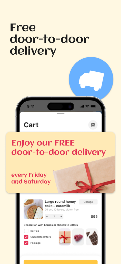 Marys Bakery app screenshot showing free door-to-door delivery promotion and cake ordering cart