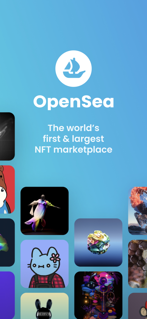 OpenSea app splash screen featuring the company logo and a collage of various digital art pieces.