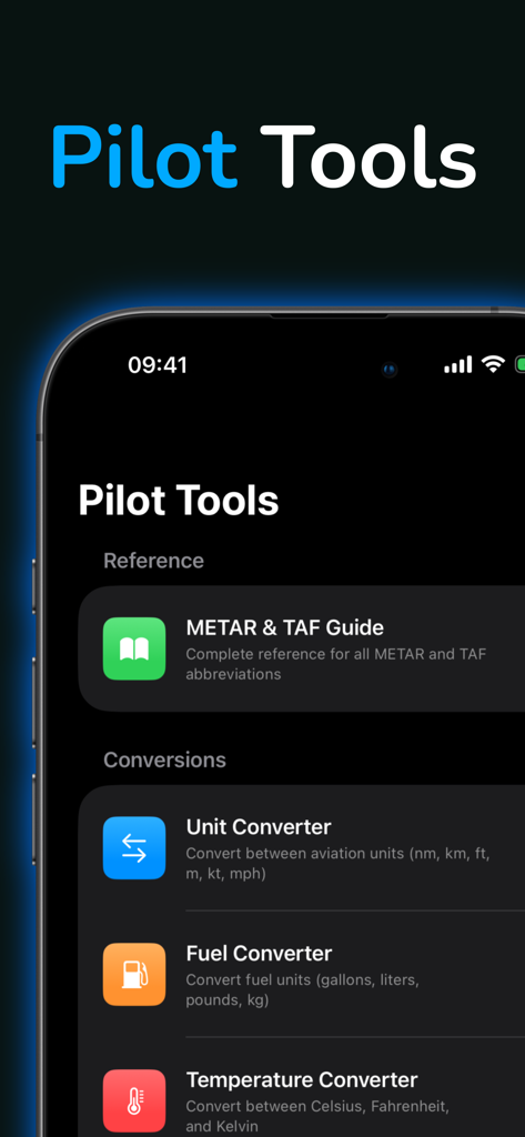 Herramientas para pilotos de la aplicación AirportWX e interfaz de convertidor de aviación