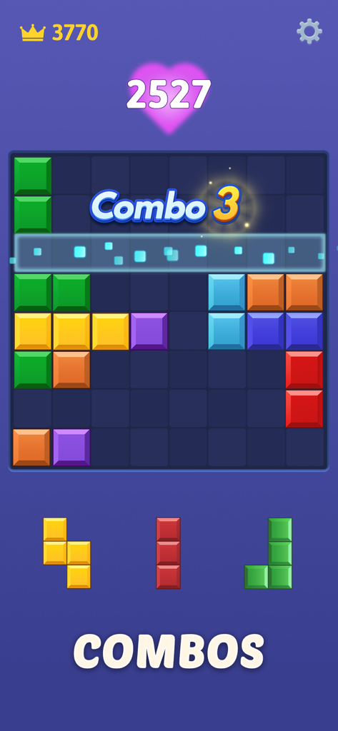 X Block - Match Block Puzzle - X Block gameplay screen showing a combo effect as a row is cleared on an 8x8 grid with colorful blocks.