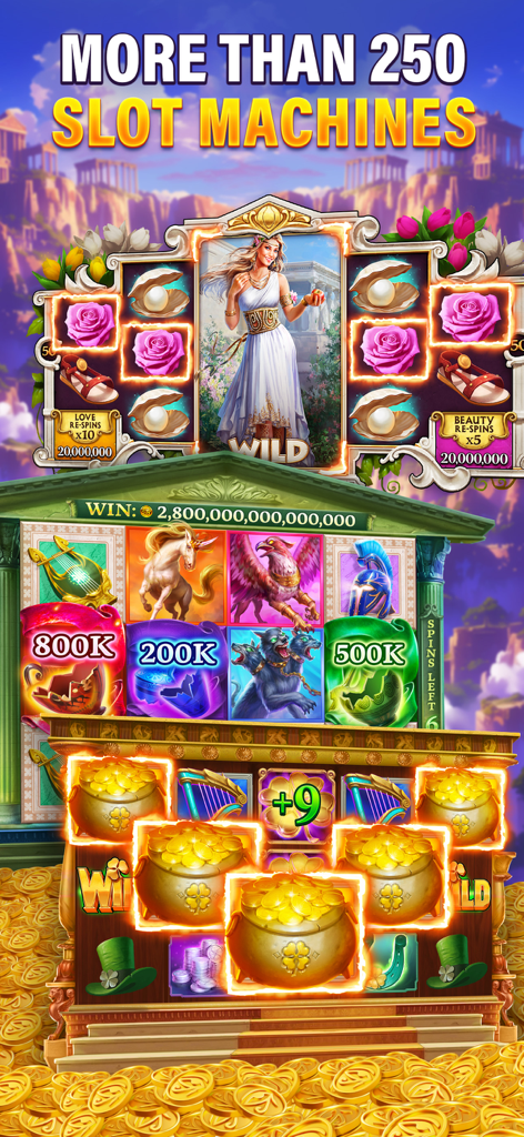 Slots Era app screenshot showcasing diverse themed slot machines including Greek mythology and Irish luck.