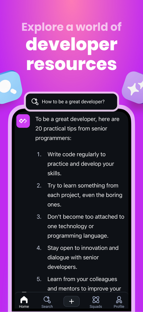 daily.dev - Interfaz de la aplicación daily.dev que muestra un resultado de búsqueda de IA con una lista de consejos prácticos para desarrolladores de software.