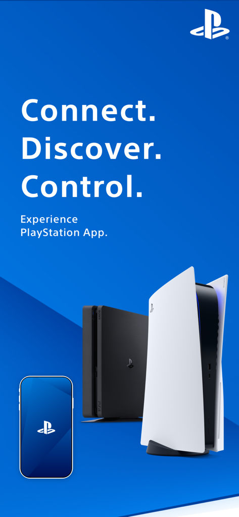 Grafica di marketing dell'App PlayStation che mostra lo slogan Connettiti Scopri Controlla accanto alle console PS4 e PS5