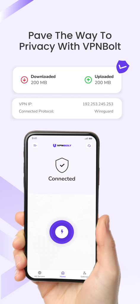 VPNBolt - A smartphone showing the VPNBolt app interface with a secure connection active.