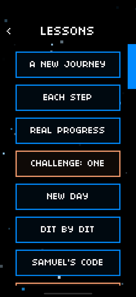 Pantalla del menú de lecciones de la app Morse Toad con una interfaz pixelada retro que muestra varios niveles de aprendizaje.