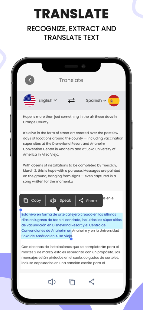 Scanner| Document PDF ScanLens - Eine mobile Benutzeroberfläche der ScanLens App, die die Textübersetzung von Englisch nach Spanisch mit Optionen zum Kopieren und Sprechen zeigt.