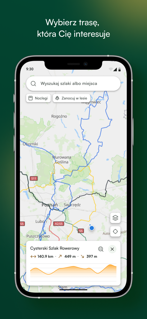 Velomapa - Velomapa App-Screenshot, der eine detaillierte Radroute und ein Höhenprofil in Polen zeigt