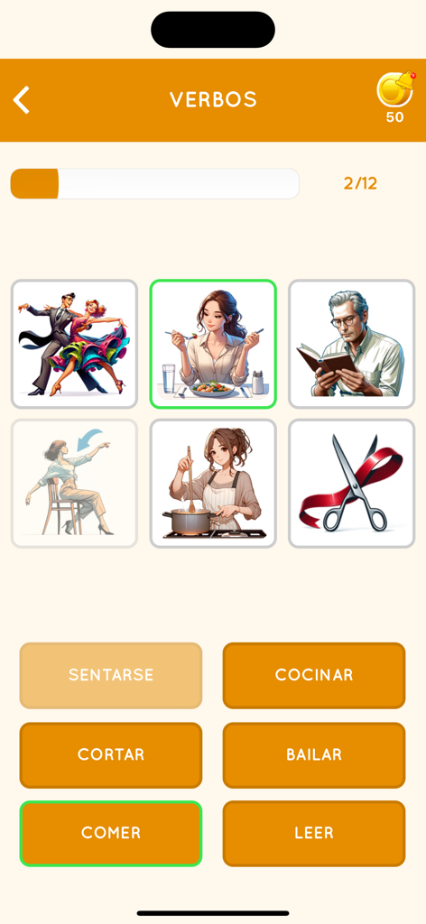 Learn Spanish for Beginner - A matching game from the Learn Spanish for Beginner app where users match Spanish verbs like Comer to corresponding illustrations.