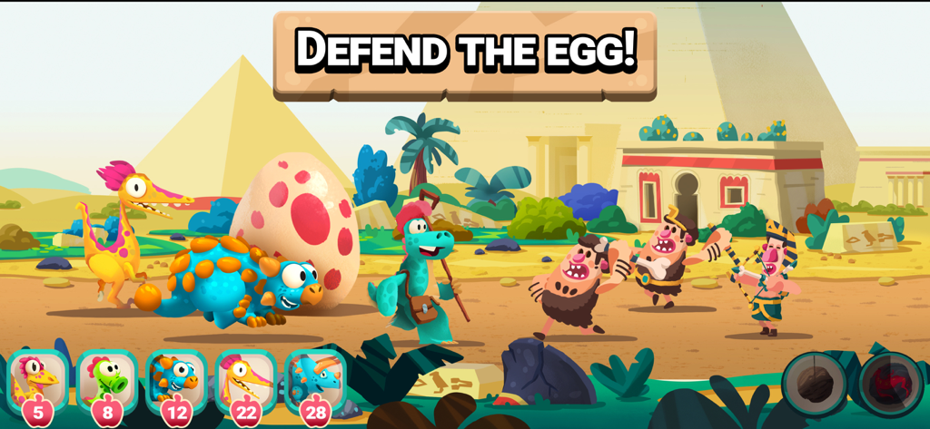 Dino Bash: Travel Through Time - Colorful dinosaurs defending a giant egg from cavemen in front of pyramids in Ancient Egypt.