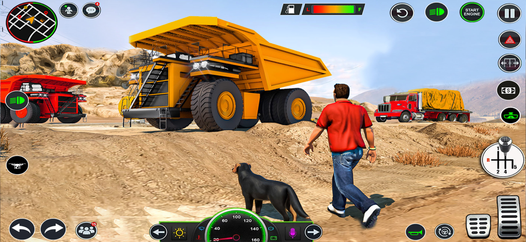 JCB Backhoe Loader Driving - A 3D construction simulation showing large yellow dump trucks and a character walking a dog