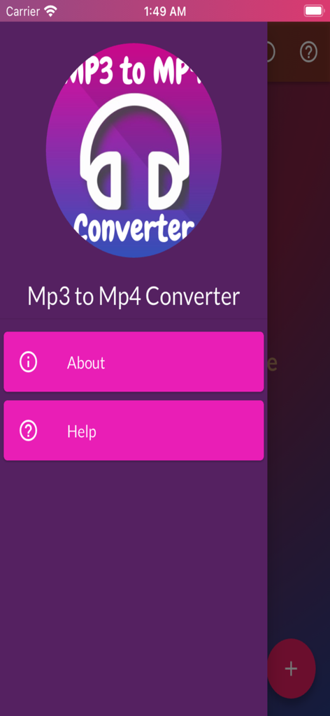 Mp3 to Mp4 Converter - Mp3 to Mp4 Converterアプリのインターフェース。サイドメニューに「アプリ情報」と「ヘルプ」が表示されています。