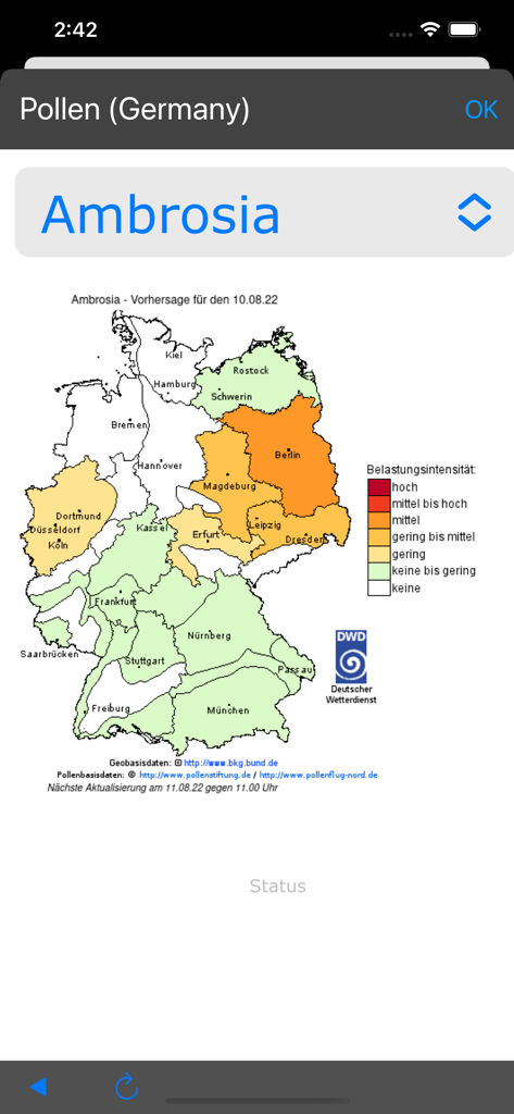 Map of Germany showing Ambrosia pollen intensity levels