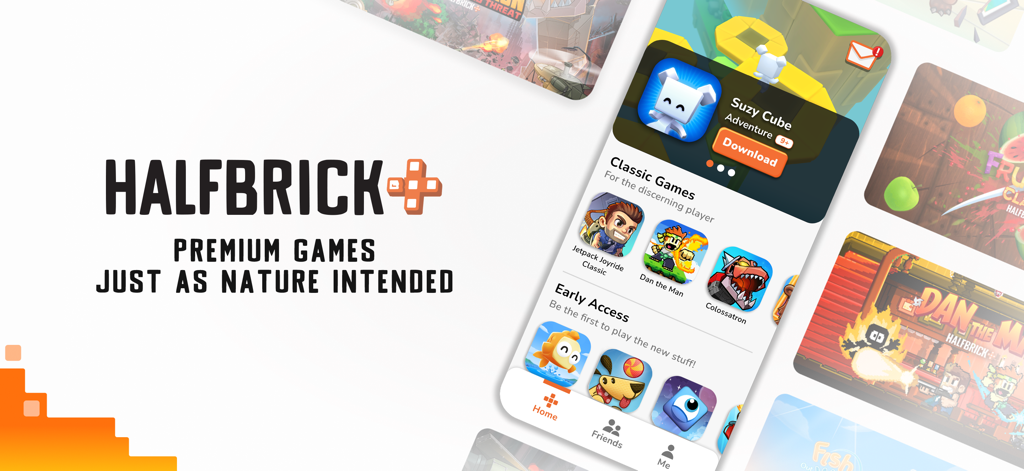 Suzy Cube Halfbrick+ - Interfaz de la aplicación Halfbrick plus con Suzy Cube y una colección curada de juegos móviles clásicos sin anuncios