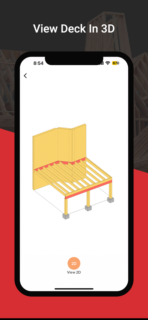 RedX Decks - 3D Deck Builder - RedX Decksアプリ内のデッキ構造フレームの3Dビジュアライゼーション