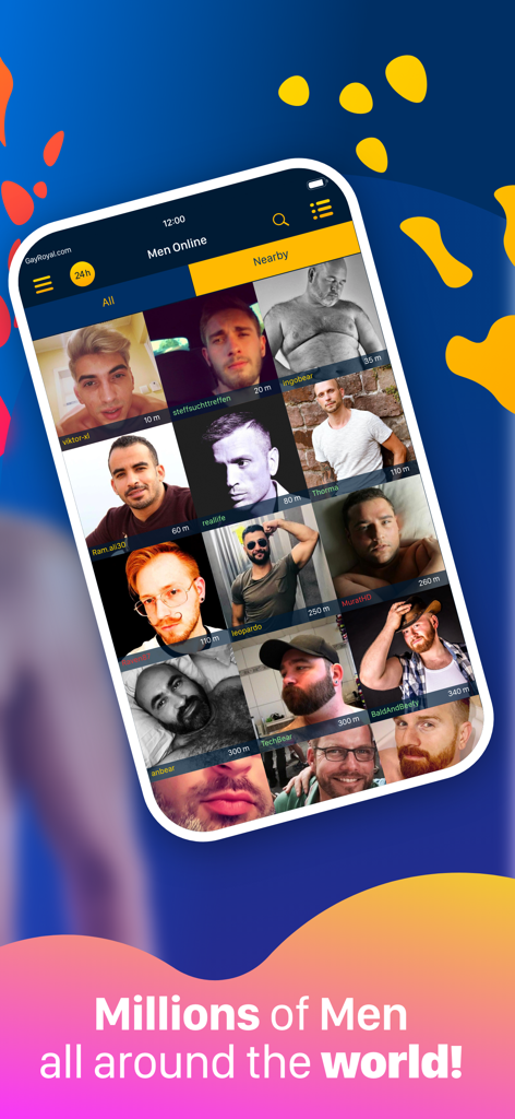 GayRoyal - Dating & Chat - Interfaz de la aplicación móvil GayRoyal mostrando una cuadrícula de fotos de perfil de hombres con nombres y distancias