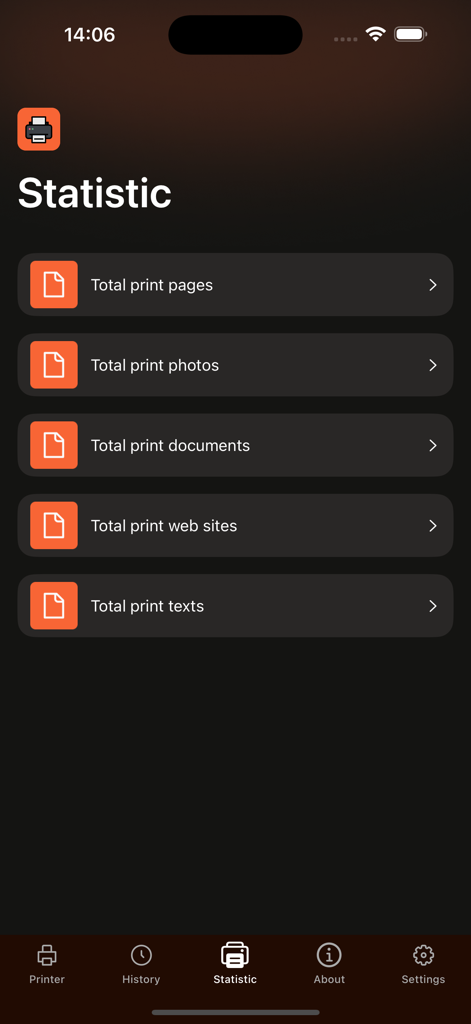 Smartphone-Bildschirm mit Druckstatistiken, einschließlich Gesamtseiten, Fotos, Dokumenten und Websites
