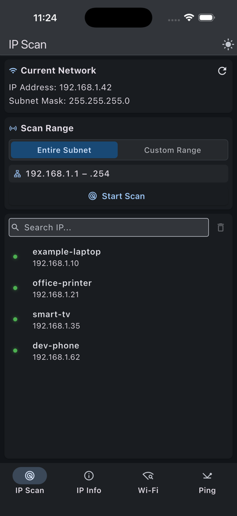 Advanced IP Scanner - The IP scan screen of the Advanced IP Scanner app showing discovered network devices