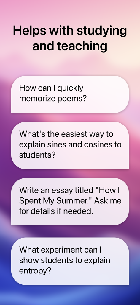 Pantalla de la aplicación Asistente Inteligente Chat que muestra indicaciones de apoyo educativo para estudiar y enseñar.