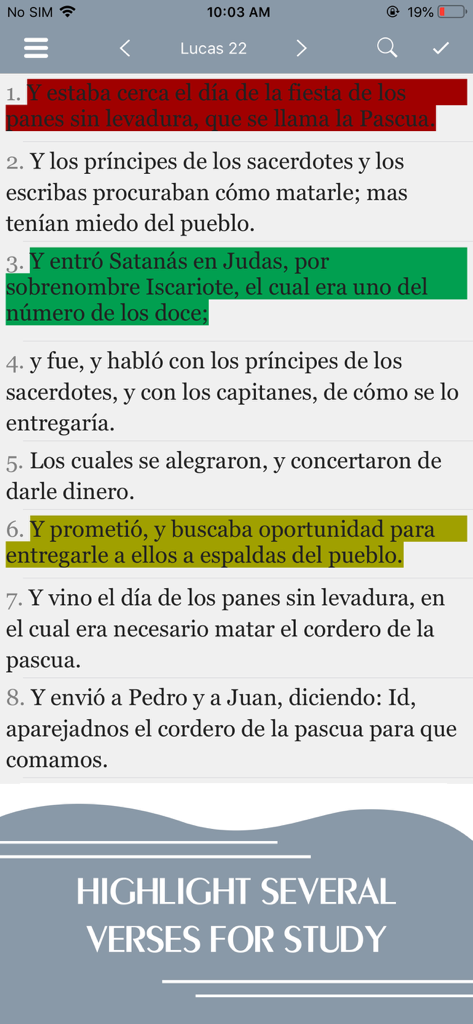 La Biblia · - Une capture d'écran de l'application La Biblia montrant des écritures espagnoles avec plusieurs versets mis en surbrillance dans différentes couleurs pour l'étude.