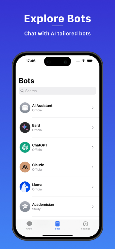 AI Chat - Ask Bot Assistant - AIチャットアプリのインターフェース。ChatGPTやClaudeを含むさまざまなAIボットの選択肢を表示しています。