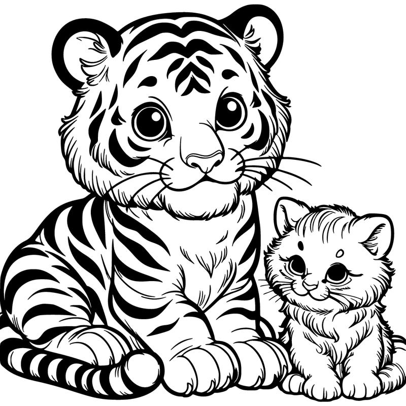 one tiger and one kitten