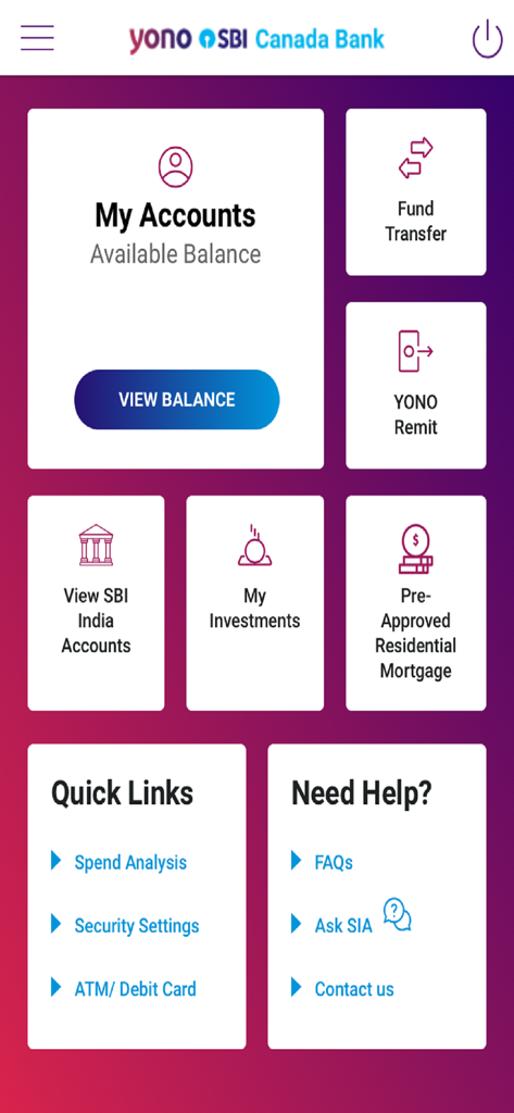 YONO SBI Canada - Dashboard of the YONO SBI Canada mobile app showing account summary and financial services