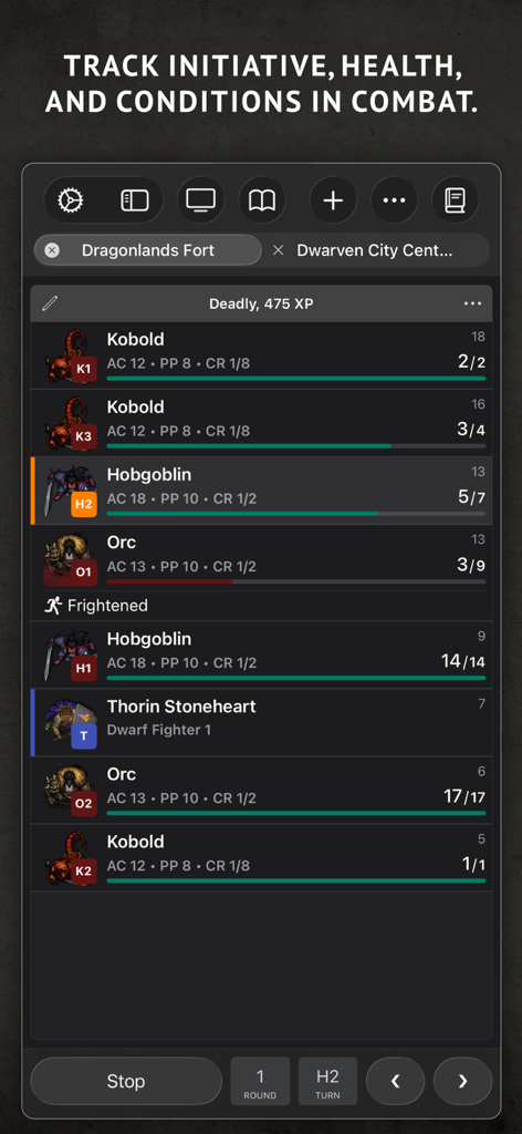 Encounter+ Virtual Tabletop - Encounter plus app interface showing combat initiative health and status condition tracking for RPG monsters and heroes