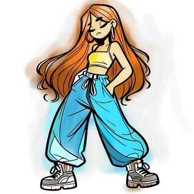 girl in baggy pants crop top and long hair