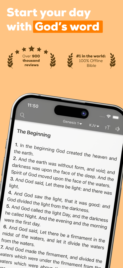 Bible Offline JFA - Interface de l'application mobile Bible Offline JFA montrant le chapitre 1 de la Genèse dans la version King James
