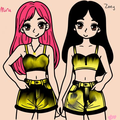 two sisters with crop tops and jean shorts and straight hair