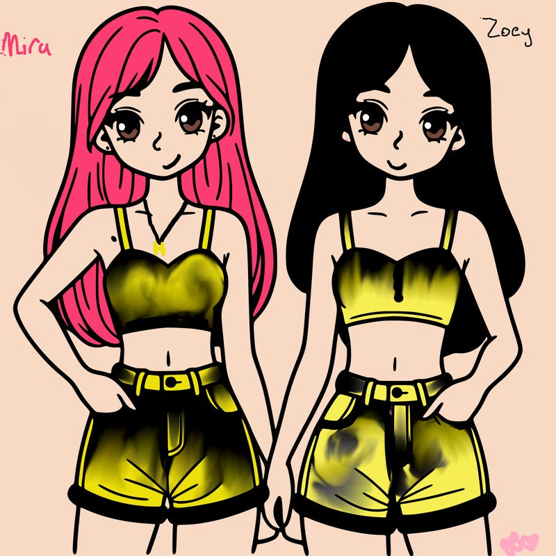 two sisters with crop tops and jean shorts and straight hair