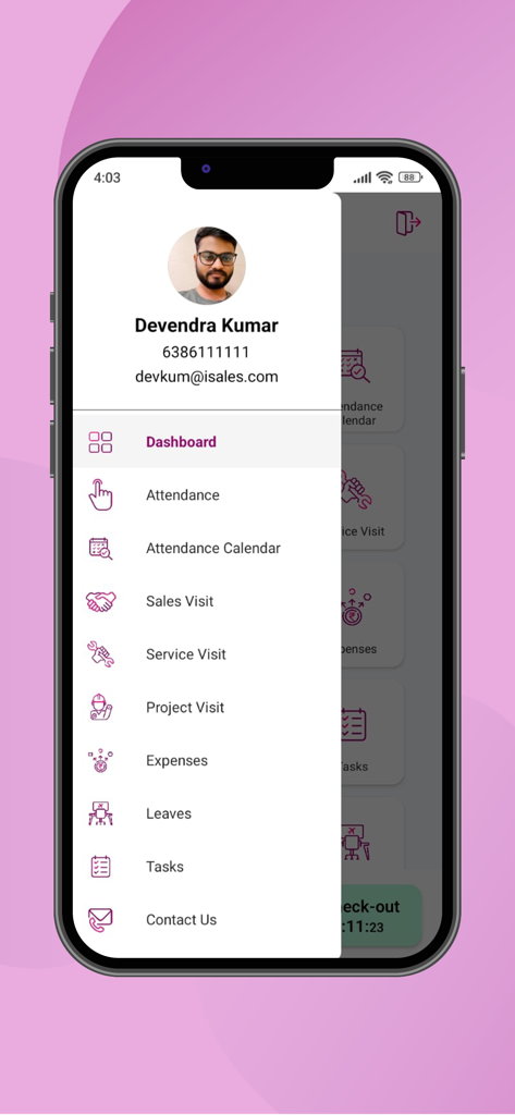 Qkrbiz - Side navigation menu of the Qkrbiz mobile app showing user profile and business modules
