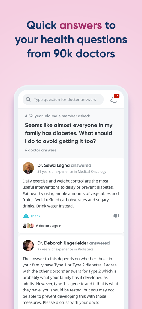 A screenshot of the HealthTap app showing doctor answers to a user health question about diabetes.