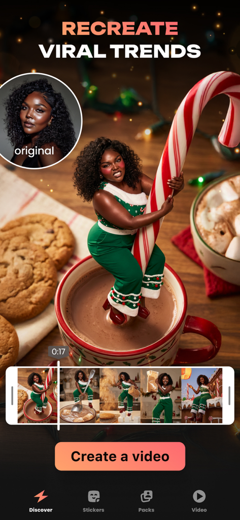 Écran de l'application Hula AI montrant une photo transformée en vidéo virale sur le thème de Noël avec un filtre IA