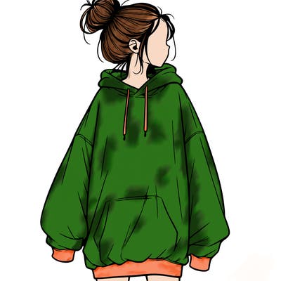 realistic girl with a oversized sweatshirt on and a bun