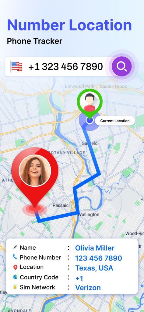 Live Mobile Number Location - Interface of Live Mobile Number Location app showing a map with GPS tracking and user information for Olivia Miller in Texas USA