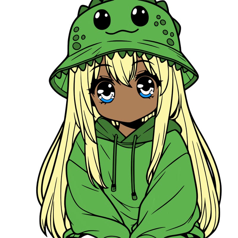 girl with anime shaped eyes with a dinosaur bucket hat oversized sweatshirt long straight hair