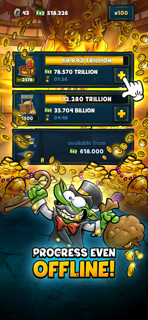 Shakes and Fidget: Idle RPG - Shakes and Fidget comic character celebrating gold earnings with offline progress message