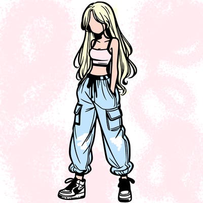 girl in baggy pants crop top and long hair