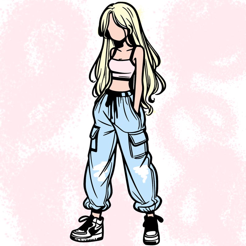 girl in baggy pants crop top and long hair