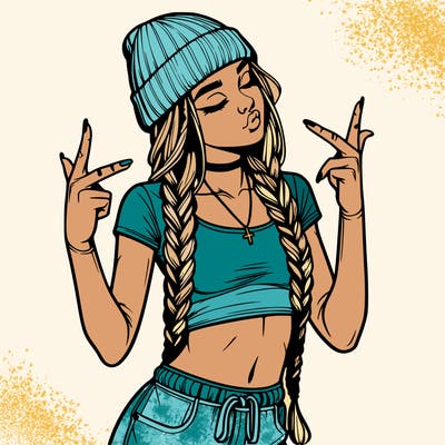 realistic teenage girl with braids and a beanie and crop top doing 🫶🏼