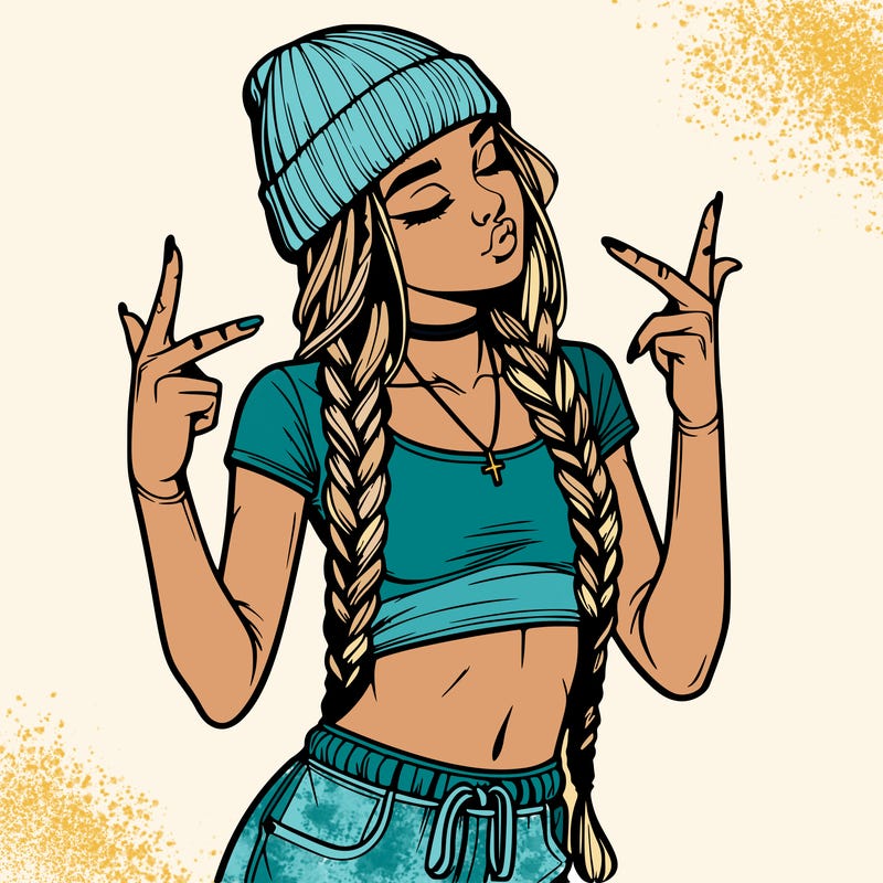 realistic teenage girl with braids and a beanie and crop top doing 🫶🏼