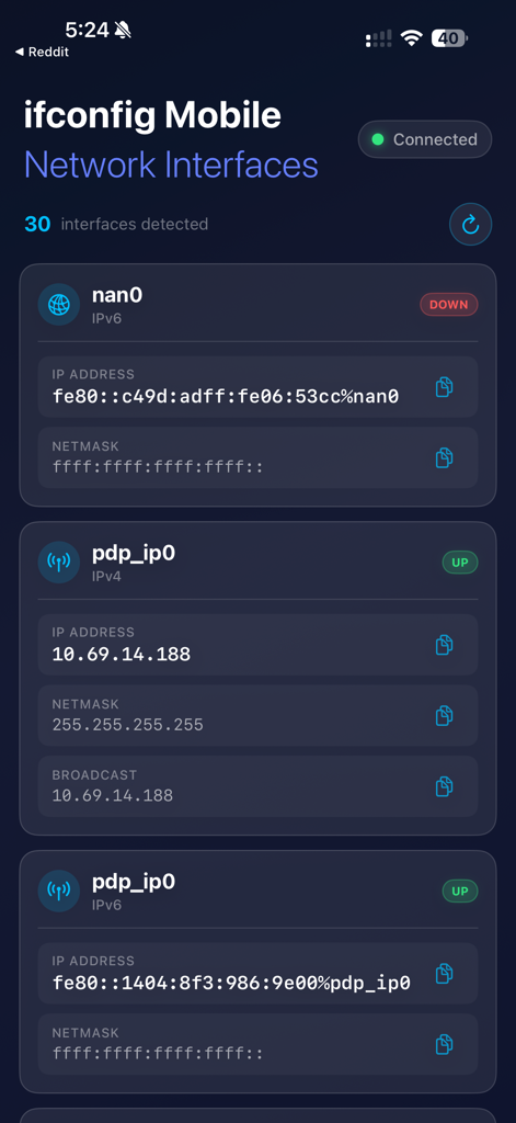 ifconfig Mobile: Network Info - ifconfig Mobileアプリのスクリーンショット。IPアドレスとステータスが表示されたネットワークインターフェースのリストを示しています。