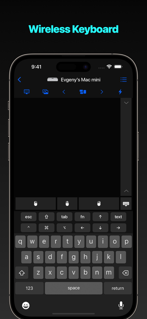 Smartphone screen displaying a wireless keyboard and trackpad control interface for a remote computer