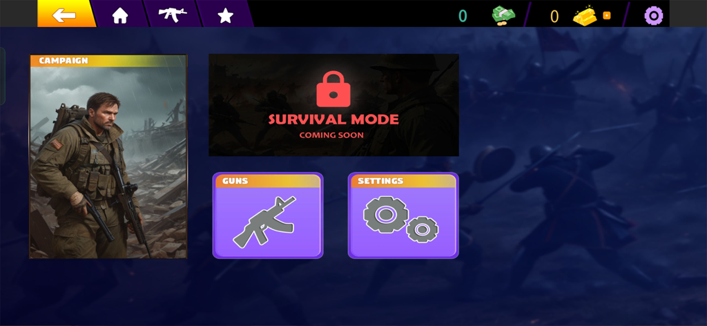 Infinity Battle Gun Game - Infinity Battle Gun Game main menu showing campaign mode and locked survival mode options